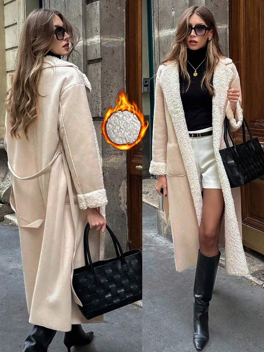 Pariaura Women's Regular Collar Thermal Lined Tie-Up Loose Jacket Fall Winter Cloth For Women - Khaki - View 1