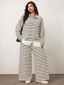 Enliva Plus Size Women Contrast Stripe Pullover Sweatshirt And Elastic Waist Pants Set, Compatible With Apple Rounded Body Shape/2026 /New Year - Multicolor - View 5