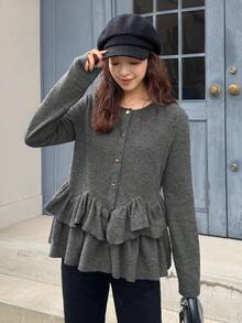 FRIFUL 女士圆领金属纽扣装饰下摆层叠荷叶边修身休闲T恤