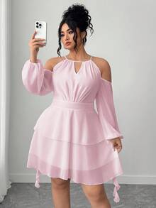 Cravure Women's Cold Shoulder Solid Color Keyhole Neck Lantern Sleeve Dress