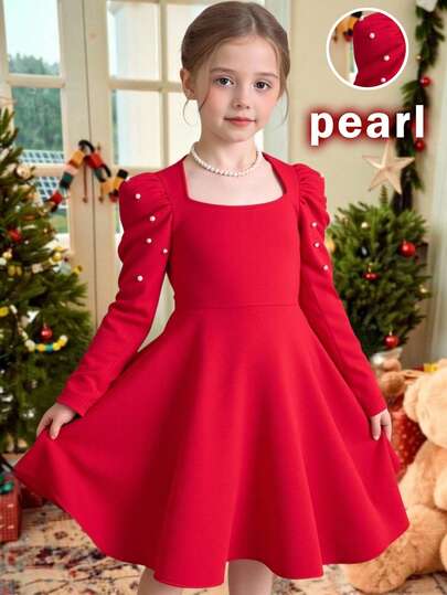 Vestido de Natal para meninas, elegante, texturizado, gola quadrada, design com miçangas, manga bufante, cintura elástica, adequado para feriados e festas, outono/inverno