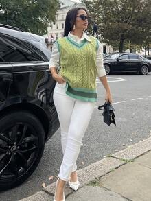 NegzBox 條紋飾邊下擺開叉毛衣背心不帶襯衫