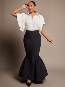 Vixey Solid Puff Flutter Sleeve Button Up Top With Self Belt - White - View 5