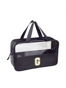 1PC Transparent Letter Toiletry Bag,Fashionable New Square Solid Color Makeup Bag With Embroidery Letters Summer Travel, Vacation Home Bathroom Decor Holiday Makeup Organizer Bathroom Accessories Back To School - Black - View 23