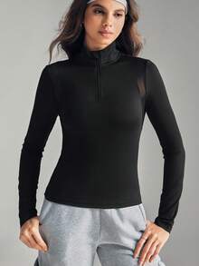 SHEIN Sports Women's Letter Print Long Sleeve Zip-Up Half Placket Fitted Sweatshirt Long Sleeve Active Wear - Black - View 4