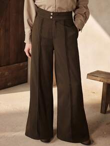 Zovinel Pantalones acampanados de cintura alta con doble botón y pliegues, elegantes y apropiados para uso diario, intelectual y urbano, adecuados para ocasiones de negocios, casuales y formales - Marrón - Ver 6