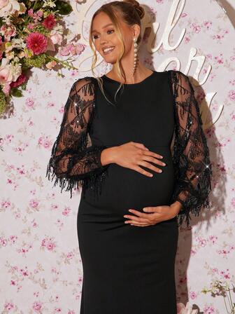 Loomaby Pregnant Women's Sequin Patchwork Fringe Mesh Long Sleeve Round Neck Fitted Mermaid Hem Elegant Dress,Gender Reveal Dress,Maternity Dress, Baby Shower Dress Babyshower Dress Maternity Pregnant Dress Pregnancy Photoshoot Dress Black Maternity Dress