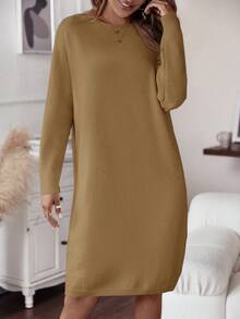 SHEIN LUNE Solid Drop Shoulder Sweater Dress In Fall/Winter - Khaki - View 7