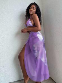 Alexandranx 3 件套女士夏季海滩度假装，花卉印花比基尼套装和网眼系带沙滩裙，波西米亚度假风格 - 紫色 - 查看 5