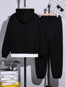 Vacaura 2pcs Teenager Casual Patchwork Pullover Hooded Sweatshirt And Sweatpants Set, Fashion Pullover And Joggers Outfit For Autumn/Winter - Multicolor - View 2