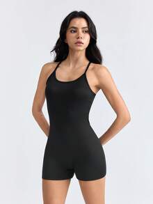 Loungeista 黑色休闲露背连体裤，简约时尚日常连体裤