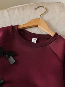 Genkimix Kids 两件套女童时尚灰色圆领长袖上衣和阔腿裤，饰有蝴蝶结，秋冬季 - 酒紅色 - 查看 7