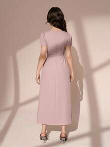 Pitira 少女法式优雅通勤休闲度假下午茶连衣裙，纯色圆领收腰修身优雅泡泡袖中长连衣裙，春夏方领连衣裙，灰粉色连衣裙，粉色中长连衣裙，短袖连衣裙，优雅连衣裙 - 粉色 - 查看 2