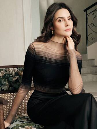 Anewsta Women's Contrast Color Gradient Turtleneck Long Sleeve T-Shirt, Slimming Top