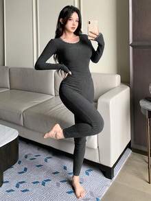 DAZY 2 件套女士纯色撞色蕾丝圆领长袖上衣和裤子保暖套装秋冬睡衣 - 灰色 - 查看 3