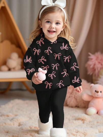黑色可爱迷你豹纹蝴蝶结图案女婴休闲柔软加厚连帽长袖卫衣和打底裤套装，适合秋冬季穿着