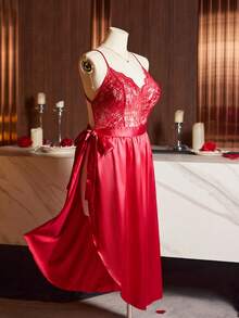 SilkySpell Elegant Sexy High Slit Tie Bow Charming Wine Red Long Dress, French Elegant Plus Size Nightgown Red Lingerie Dress Sexy Night Dress Curve Nightgown Spaghetti Strap Lace Nightgown Red Nightgown - Burgundy - View 7