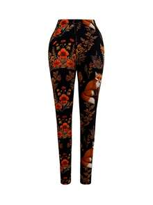 EMERY ROSE Women's Stretchy Skinny Leggings With Charming Fox & Floral Print - Comfortable Polyester Blend, Elastic Waistband, All-Season Wear - Multicolor - View 2