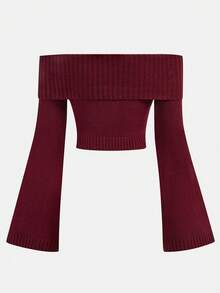 SHEIN Girlism 酒红色露肩喇叭袖短款针织毛衣，适合青少年女孩，秋冬季 - 酒紅色 - 查看 2