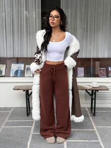 SHEIN EZwear Women's Autumn/Winter New Brown Cable Knit High Waist Loose Pants - Coffee Brown - View 5