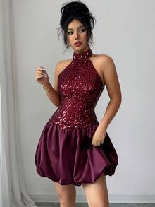Elenzga Women's Sequins Embellished Satin Lined High Neck Sleeveless Ruffle Hem Dress, Elegant Angola Red, Sophisticated, Vintage French Street Style, Versatile, Autumn/Winter, Suitable For Halloween, Christmas, Thanksgiving, Formal Parties, Cocktail Dresses - Burgundy - View 6