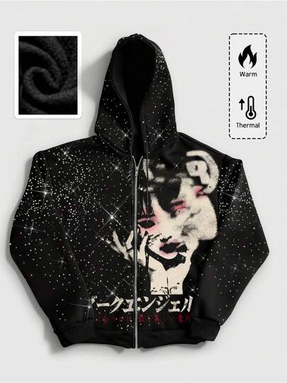 Street Life Sweat-shirt zippé à capuche à manches longues avec imprimé portrait pour hommes