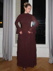 Turnttoni Váy dài tay cổ cao màu đỏ thanh lịch cho nữ, thích hợp cho buổi tối hẹn hò, dạ hội, mùa thu/đông - Cà phê nâu - Xem 1