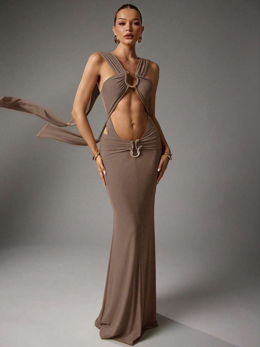 Hauture 女士性感夏季度假夜出游芥末黄带蛇形装饰细节长裙 - 棕色 - 查看 1