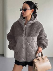 DAZY 女款秋冬拼接千鸟格短款羊毛夹棉大衣 - 深灰色 - 查看 3