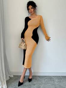 Elenzga Đầm dệt kim dáng ôm cổ tròn tay dài phối màu thanh lịch dành cho nữ - Màu vàng - Xem 3