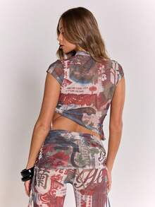 MUSERA Snake Print Mesh High Neck Cut Out Trim Ruched Side Cap Sleeve Top Cool Girl, Fall, Going Out, Sexy, , Costumes, , Costumes For Women, For Women, Women's Costume Winter Christmas Party