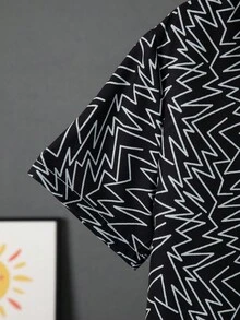 SHEIN Tween Boy Casual Geometric Print Lapel Short Sleeve Woven Shirt - Black - View 4
