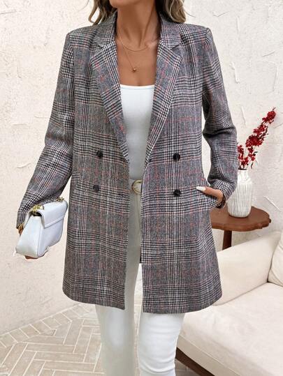 SHEIN Clasi Women's Houndstooth Lapel Collar Long Sleeve Double-Breasted Casual Overcoat, Autumn/Winter Suit Jacket For Women Women Blazers Tweed Jacket Women Women Coats Blazer Dress For Women Thickened Double-Layered Lined Overcoat, Mid-Length, New Winter Coat, Classic Plaid Pattern, Versatile, Loose Fit, Waist-Cinching Design, Relaxed French Style, Warm Overcoat. New Women's Autumn/Winter Clothing