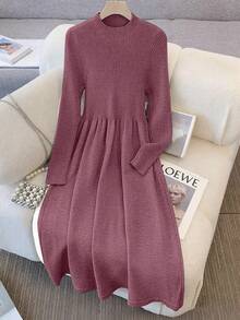 两件套：时尚圆领针织背心和针织连衣裙，优雅适合秋冬季节。 - 紫色 - 查看 6