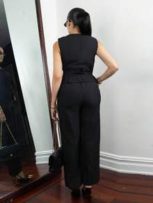 Melissa Matos Women Elegant Fashion Commuter Leisure Sleeveless V-Neck Cinched Cinched Waist Back Vest & Straight Leg Solid Suit Set - Black - View 2