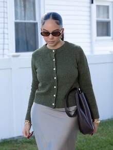 Melissa Matos Women's Minimalist Versatile Solid Color Cardigan Fall Winter Cloth For Women - Army Green - View 6