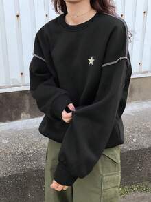 FRIFUL 女士撞色滚边五角星图案圆领长袖上衣 - 黑色 - 查看 6