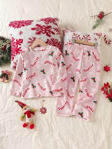 2pcs/Set Young Girls' Christmas Candy Cane Print Fleece Pajamas,Soft&Comfortable Pullover Sleepwear Pink Holiday Autumn Family Matching Fall Winter - Pink - View 6