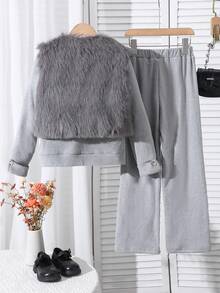Elladie kids Tween Girls Casual Elegant Round Neck Long Sleeve Top, Paired With Pants, Vest, And Gray Cardigan Outfit - Grey - View 2