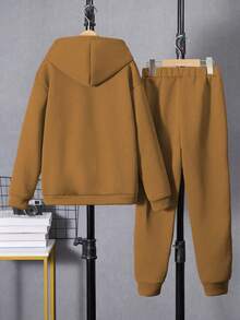 2件套男童休闲连帽运动衫和运动裤针织套装，秋冬 - 棕色 - 查看 2