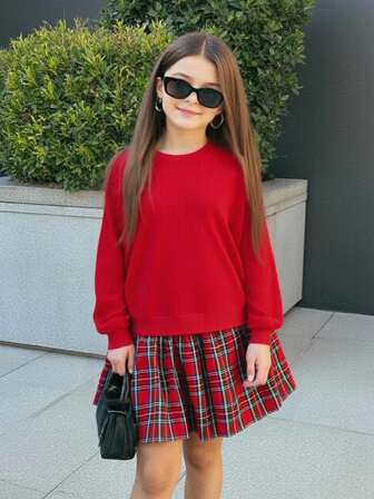 Firerie Kids Tween Girls Red Sweatshirt Patchwork Plaid Skirt Sweatshirt Dress, Retro Fashion Versatile Casual Everyday Wear, Suitable For Christmas, New Year, Christmas Party Dress, Christmas Dress, Christmas Gift, Christmas Family/Sister Matching Girls School Clothes Set Tween Red Outfit Girls Red Plaid Set Girls Two Piece Set Plaid Skirt Girls Red Outfit 2 Piece