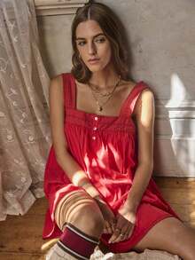 Aralina 女士睡衣 刺绣吊带细节 A 字娃娃睡裙 纽扣前襟，圣诞节和情人节可爱睡衣 - 紅色 - 查看 12