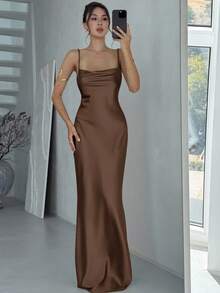 Aloruh 女士优雅纯色露背鱼尾裙，夏季 - 咖啡 - 查看 7