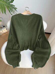 SHEIN EZwear Olive Green Plus Size Women Casual Drop Shoulder Long Sleeve Sweater, Autumn/Winter - Army Green - View 2