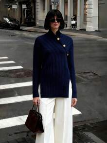 SHEIN Stylify Women's Elegant Design Navy Blue Knitted Pullover Sweater, Long Sleeve, Front Long Back Short, Suitable For Commuting, Autumn/Winter