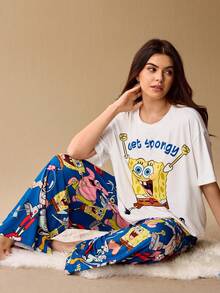 SpongeBob SquarePants | SHEIN 大码字母卡通图案圆领短袖上衣和裤子睡衣套装 - 白色 - 查看 6