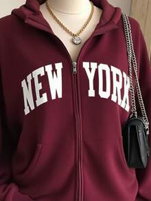 SHEIN 女士秋季字母印花落肩长袖拉链前袋休闲卫衣