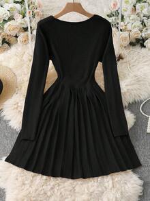 Franclia 新款秋季优雅百搭修身腰部褶裥连衣裙 - 黑色 - 查看 2