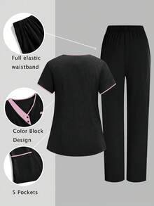 TaskEZ 2pcs Setelan Seragam Kasual Atasan Lengan Pendek dan Celana Warna Pink & Hitam, Setelan Seragam Layanan Kebersihan - Hitam - View 2