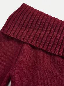 SHEIN Girlism 酒红色露肩喇叭袖短款针织毛衣，适合青少年女孩，秋冬季 - 酒紅色 - 查看 3